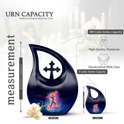Midnight Black Basketball Cremation Urn back view with polished surface - devotional cross-drop basketball engraving - mini keepsake memorial for portion of cremation ashes