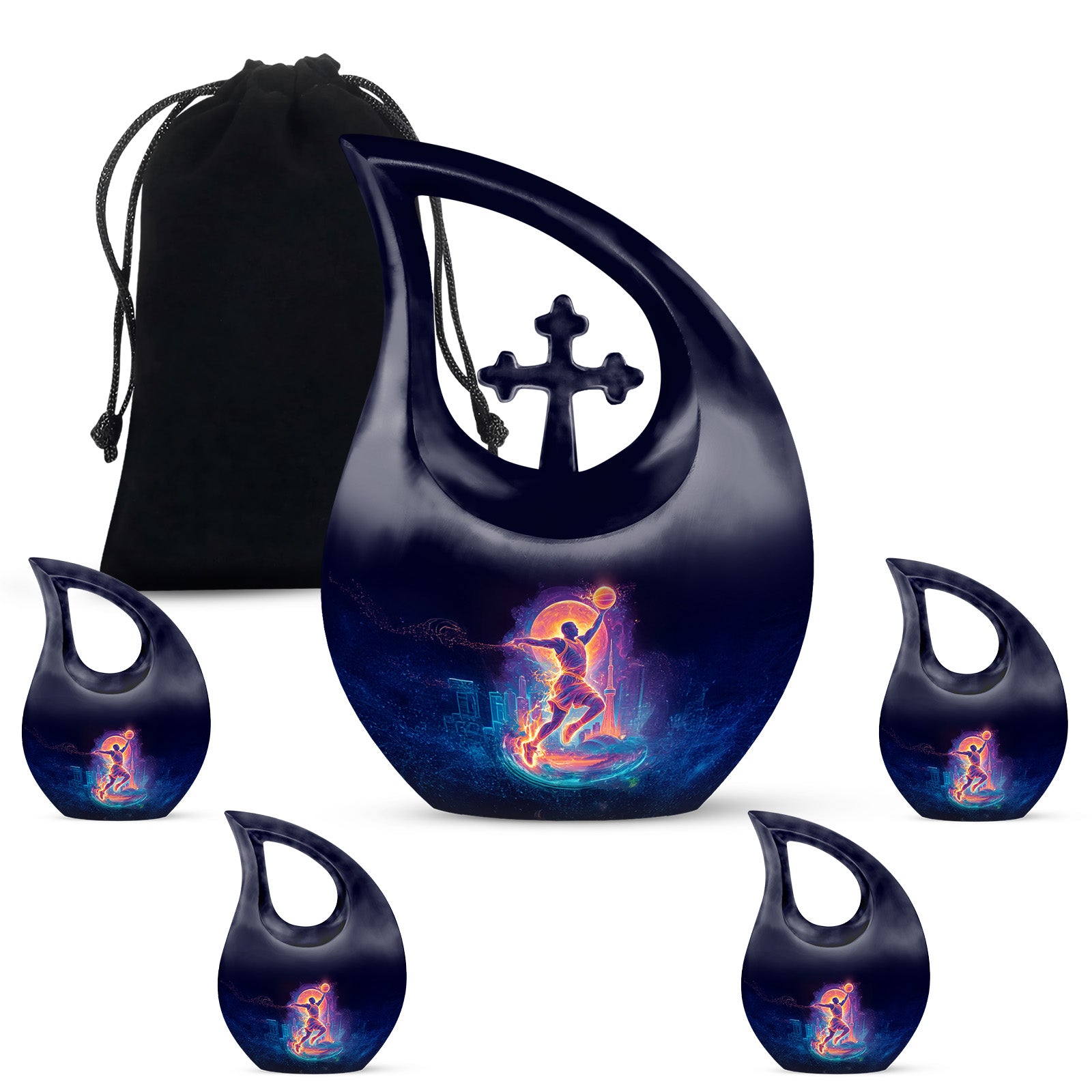 Obsidian Black Basketball Cremation Urn urn with complimentary velvet bag - devotional cross-drop basketball engraving - memorial set with one large and four small urns