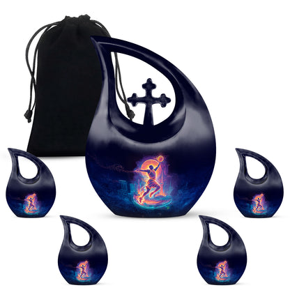 Obsidian Black Basketball Cremation Urn urn with complimentary velvet bag - devotional cross-drop basketball engraving - memorial set with one large and four small urns