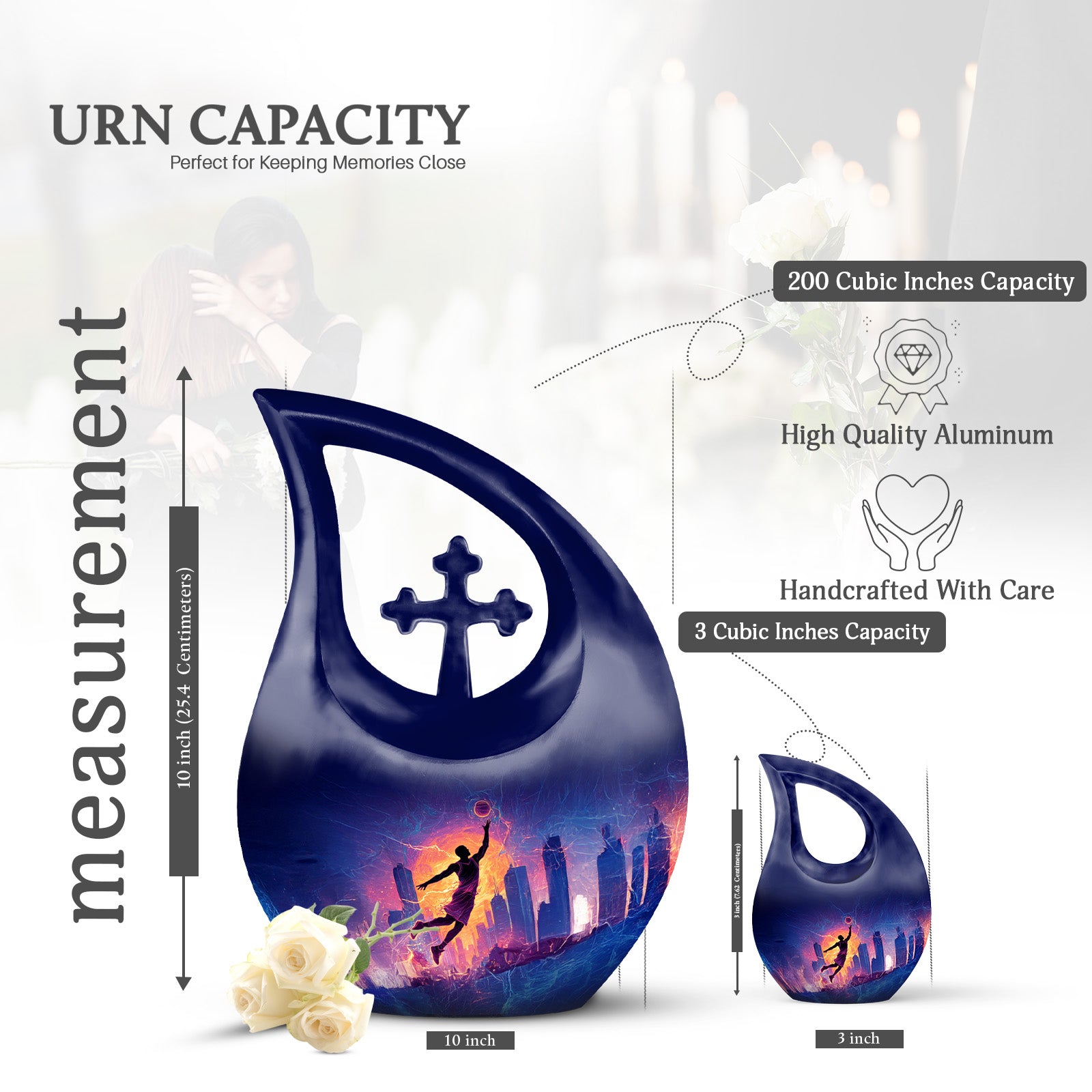 Charcoal Black Basketball Cremation Urn back view with polished surface - faith-inspired cross-drop urn with basketball pattern - mini keepsake memorial for portion of cremation ashes