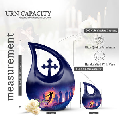 Charcoal Black Basketball Cremation Urn back view with polished surface - faith-inspired cross-drop urn with basketball pattern - mini keepsake memorial for portion of cremation ashes