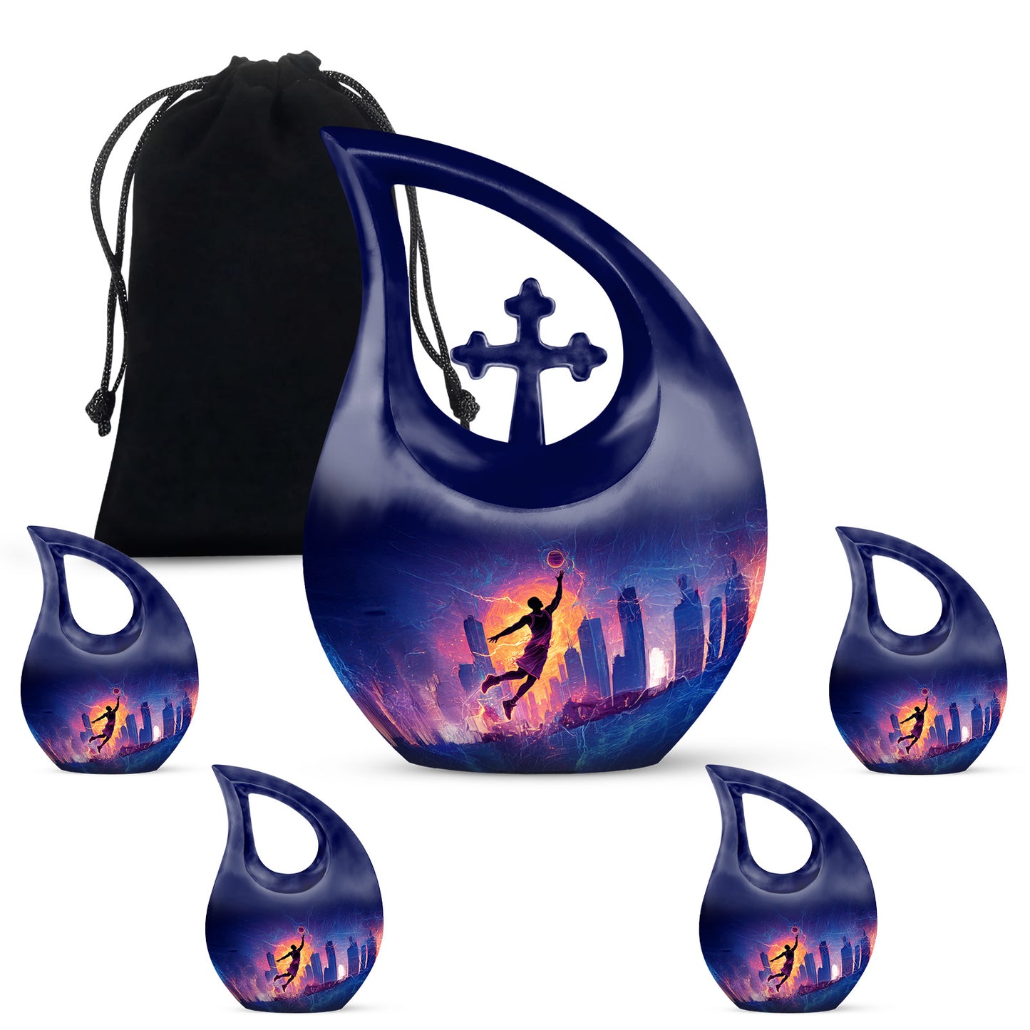 Charcoal Black Basketball Cremation Urn urn with complimentary velvet bag - faith-inspired cross-drop urn with basketball pattern - memorial set with one large and four small urns