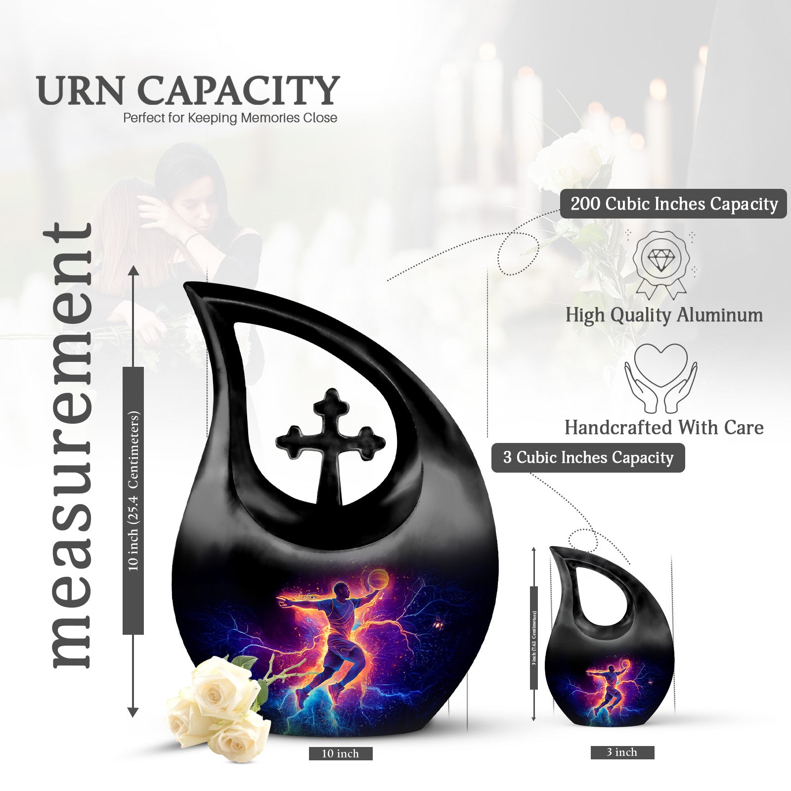 Dark Black Basketball Cremation Urn back view with polished surface - devotional cross-drop basketball engraving - mini keepsake memorial for portion of cremation ashes