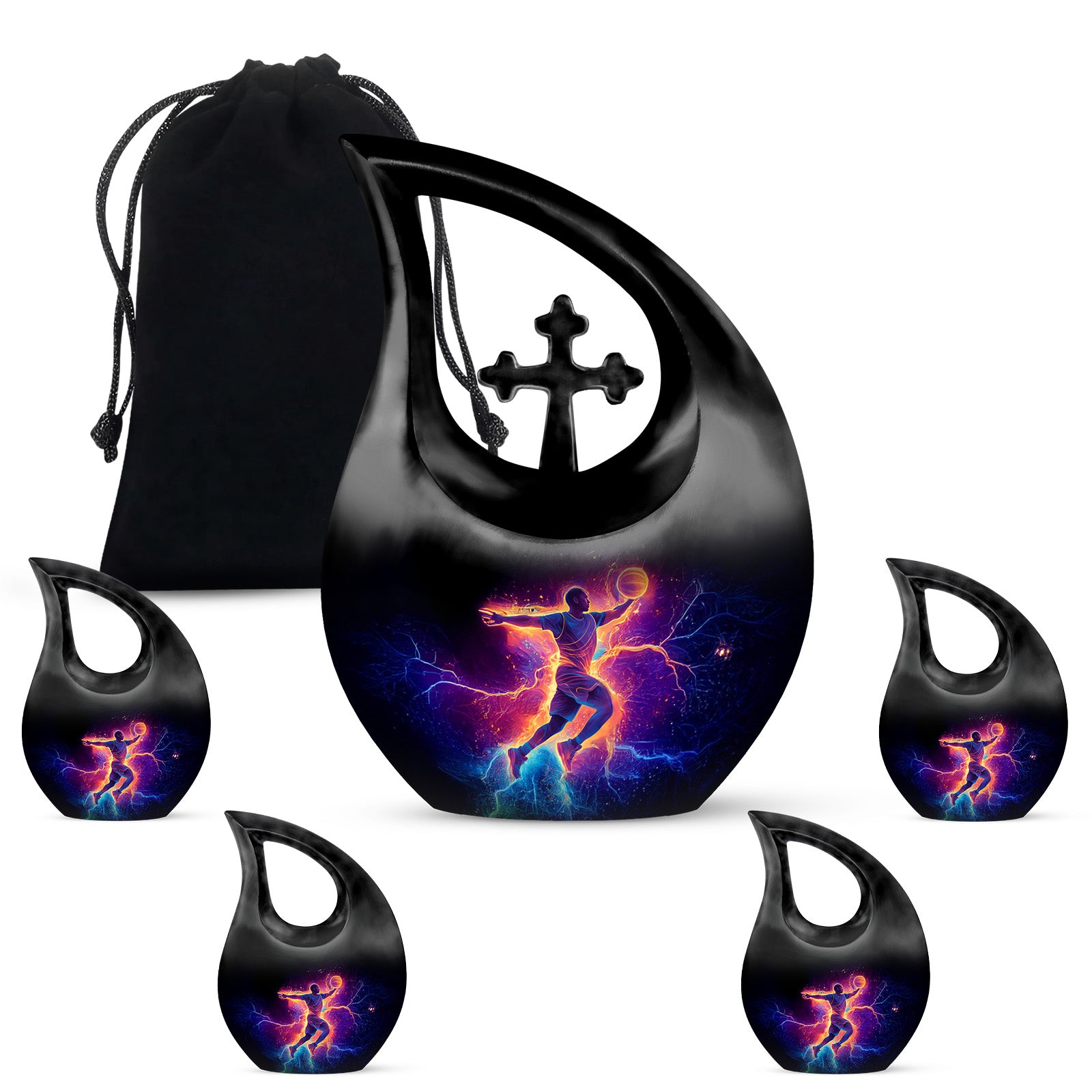 Dark Black Basketball Cremation Urn urn with complimentary velvet bag - devotional cross-drop basketball engraving - memorial set with one large and four small urns
