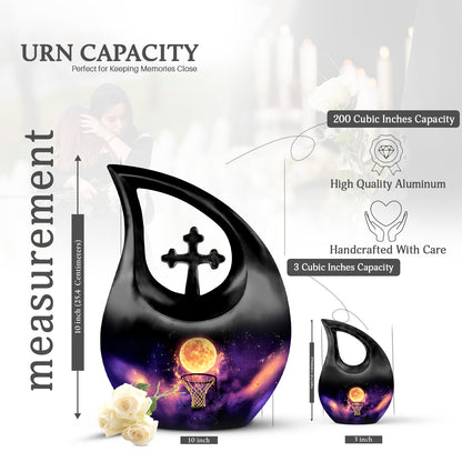 Dark Black Basketball Cremation Urn back view with polished surface - faith-inspired cross-drop urn with basketball pattern - mini keepsake memorial for portion of cremation ashes
