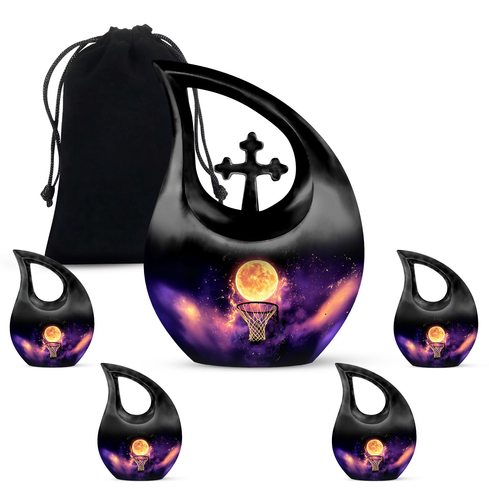 Dark Black Basketball Cremation Urn urn with complimentary velvet bag - devotional cross-drop basketball engraving - memorial set with one large and four small urns