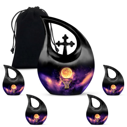 Dark Black Basketball Cremation Urn urn with complimentary velvet bag - devotional cross-drop basketball engraving - memorial set with one large and four small urns