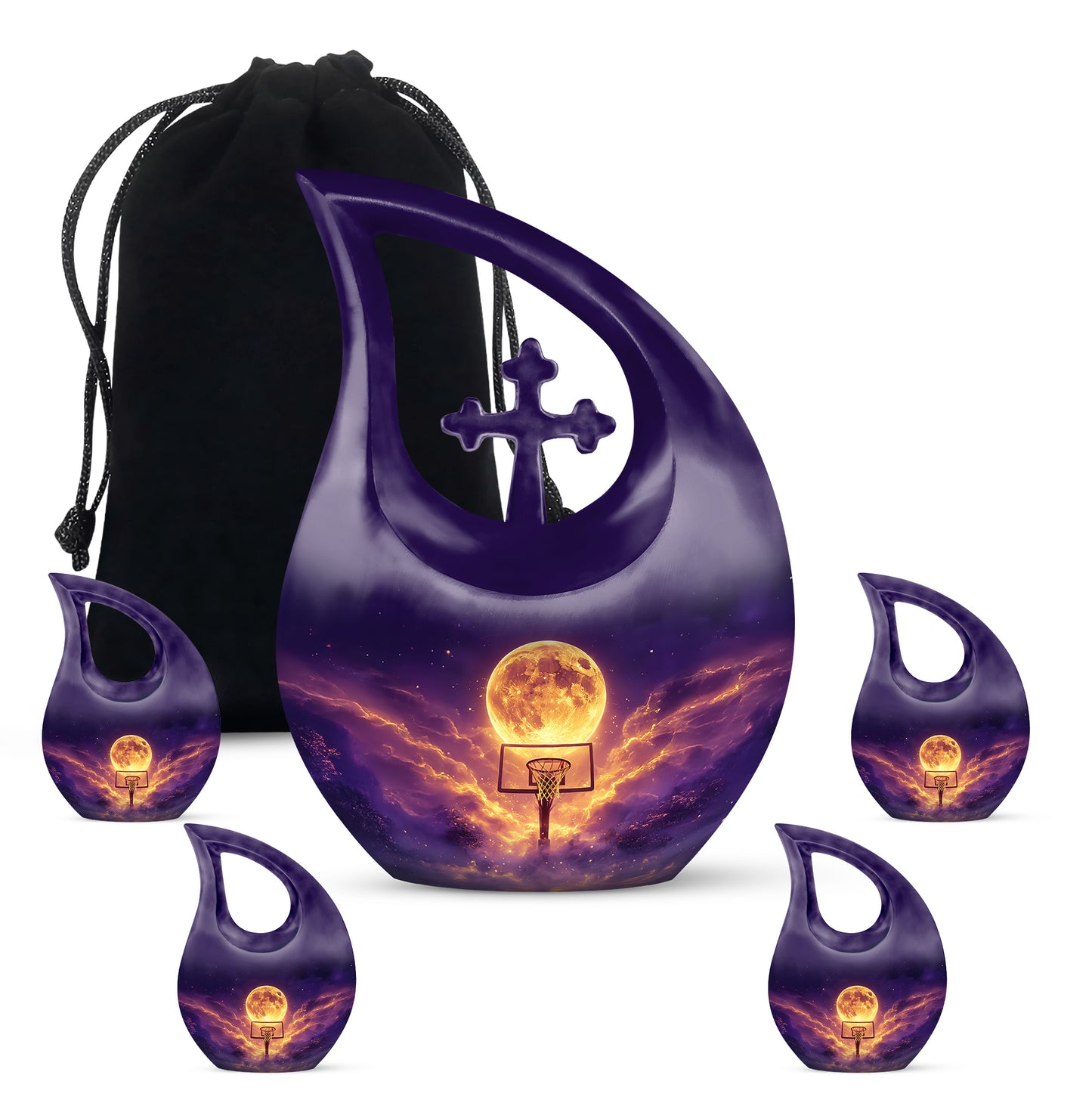 Celestial Blue Basketball Cremation Urn urn with complimentary velvet bag - sacred cross merged with basketball motif on metal - memorial set with one large and four small urns