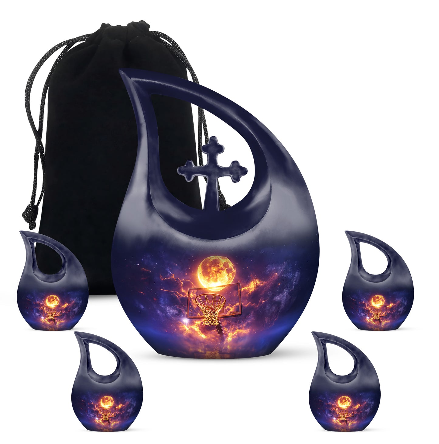 Vivid Blue Basketball Cremation Urn urn with complimentary velvet bag - devotional cross-drop basketball engraving - memorial set with one large and four small urns