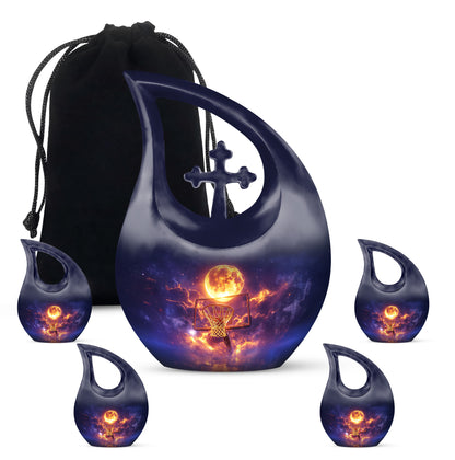 Vivid Blue Basketball Cremation Urn urn with complimentary velvet bag - devotional cross-drop basketball engraving - memorial set with one large and four small urns