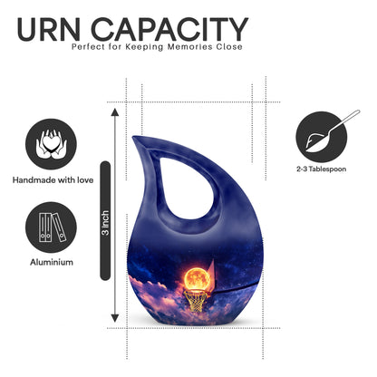 Vivid Blue Basketball Cremation Urn back view with polished surface - faith-inspired cross-drop urn with basketball pattern - mini keepsake memorial for portion of cremation ashes