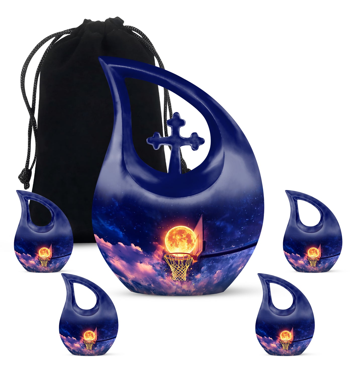 Cobalt Blue Basketball Cremation Urn urn with complimentary velvet bag - devotional cross-drop basketball engraving - memorial set with one large and four small urns