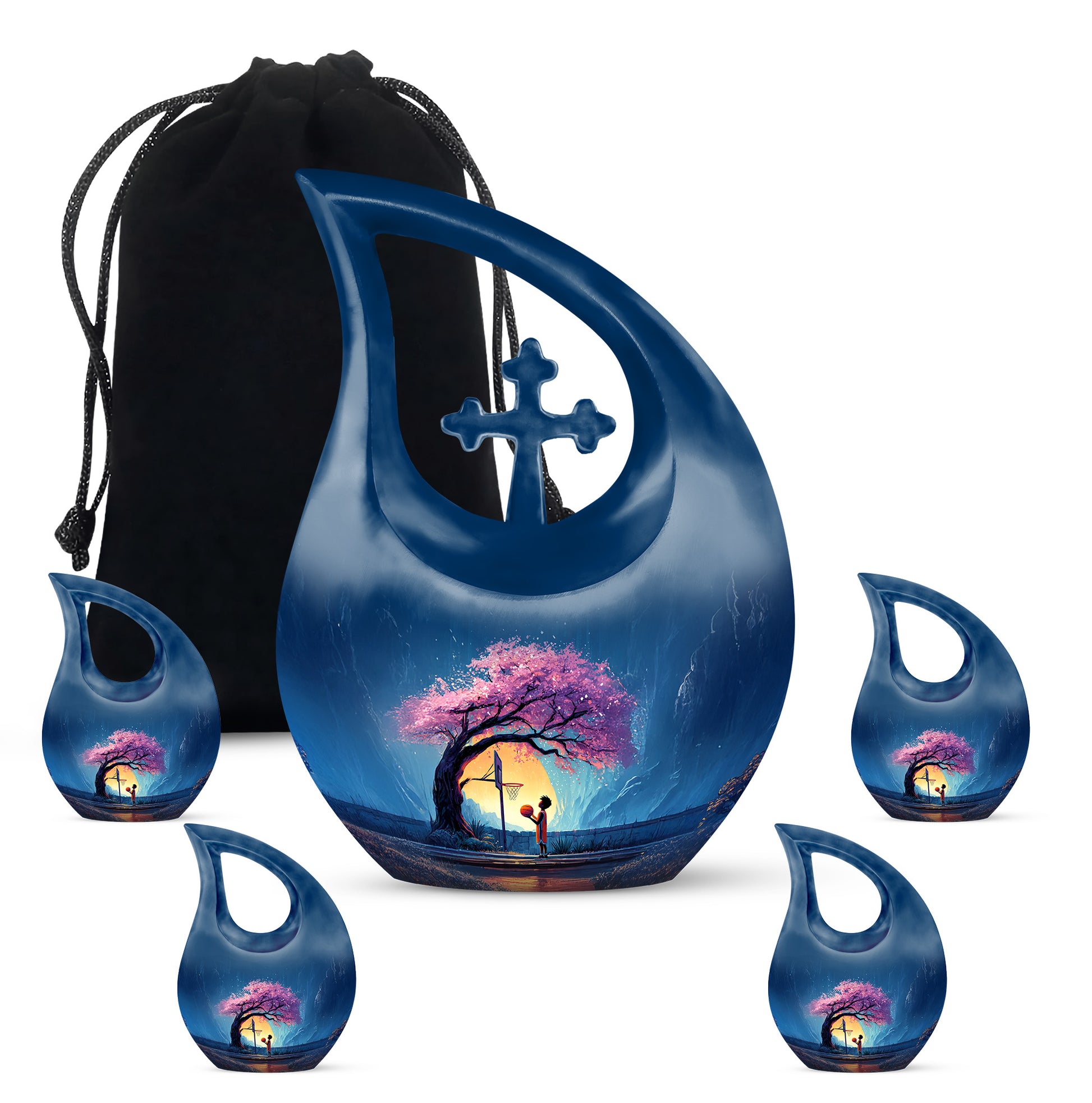 Royal Blue Basketball Cremation Urn urn with complimentary velvet bag - devotional cross-drop basketball engraving - memorial set with one large and four small urns