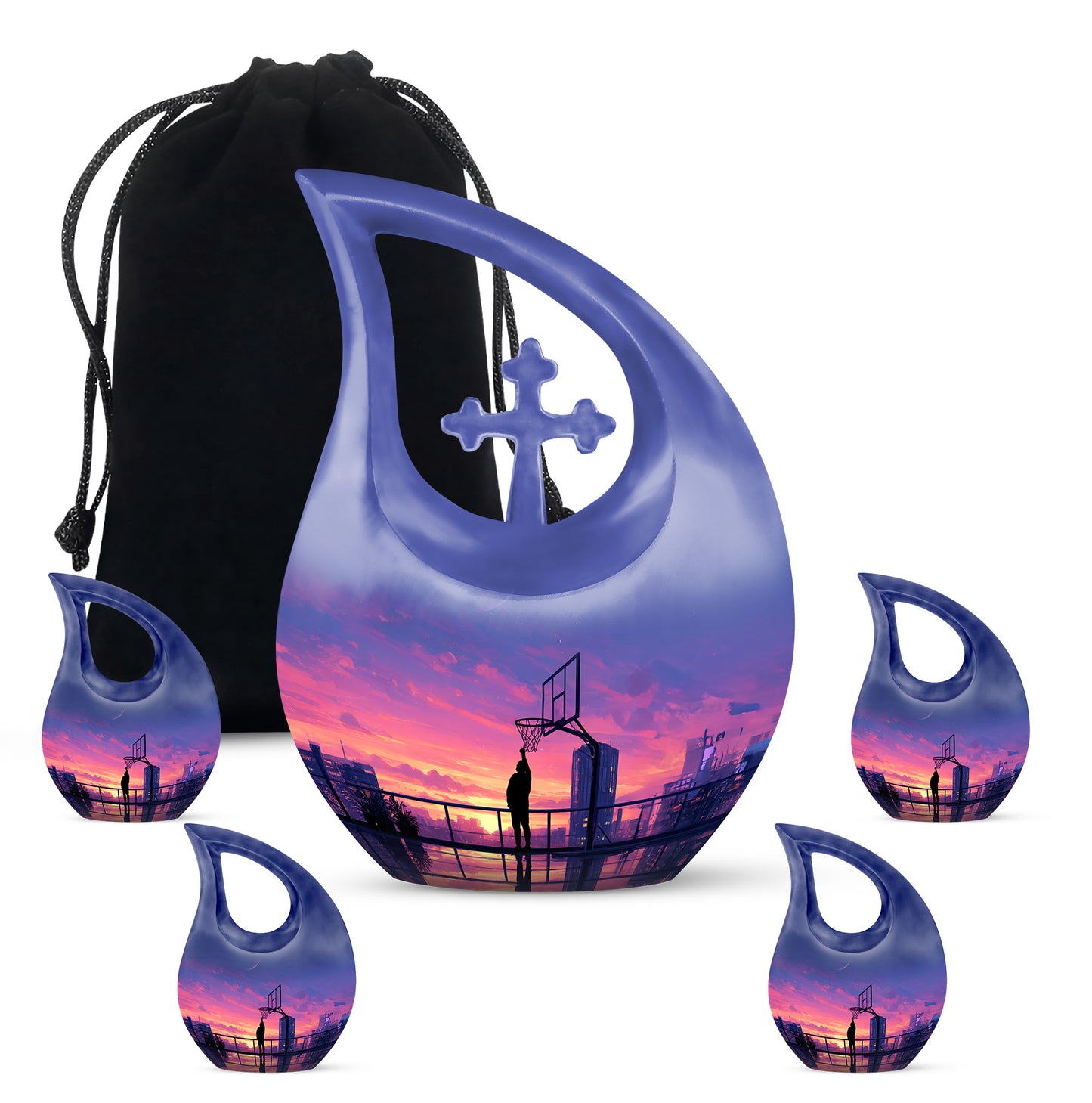 Azure Basketball Cremation Urn urn with complimentary velvet bag - sacred cross merged with basketball motif on metal - memorial set with one large and four small urns