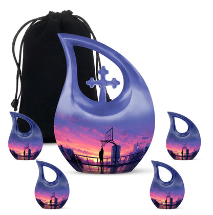 Azure Basketball Cremation Urn urn with complimentary velvet bag - sacred cross merged with basketball motif on metal - memorial set with one large and four small urns