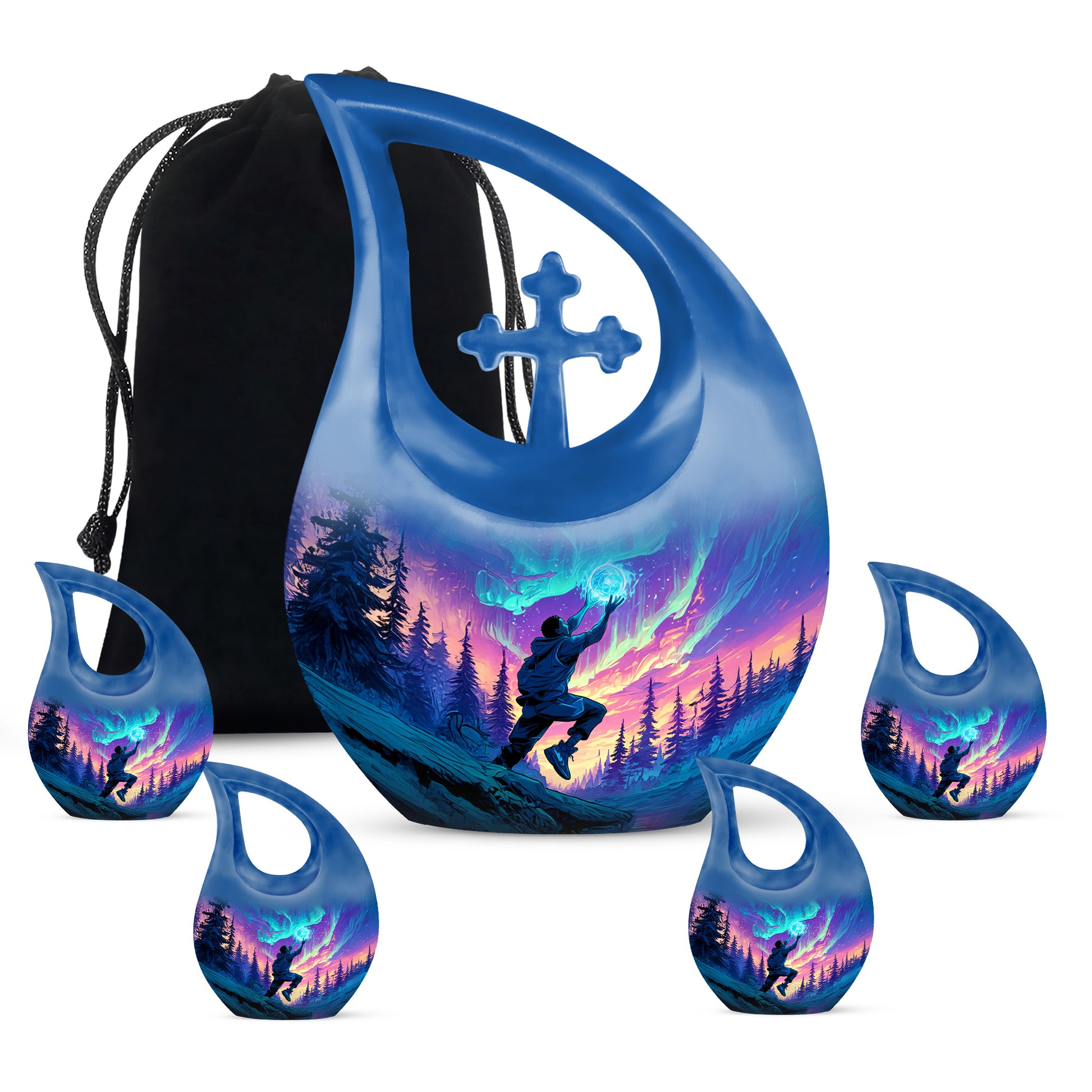 Bright Blue Basketball Cremation Urn urn with complimentary velvet bag - faith-inspired cross-drop urn with basketball pattern - memorial set with one large and four small urns