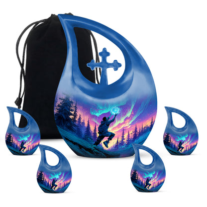 Bright Blue Basketball Cremation Urn urn with complimentary velvet bag - faith-inspired cross-drop urn with basketball pattern - memorial set with one large and four small urns