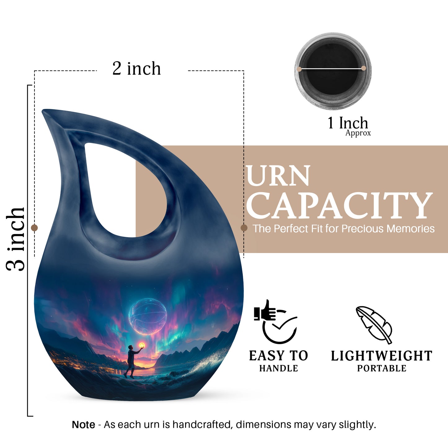 Celestial Blue Basketball Cremation Urn back view with polished surface - sacred cross merged with basketball motif on metal - mini keepsake memorial for portion of cremation ashes