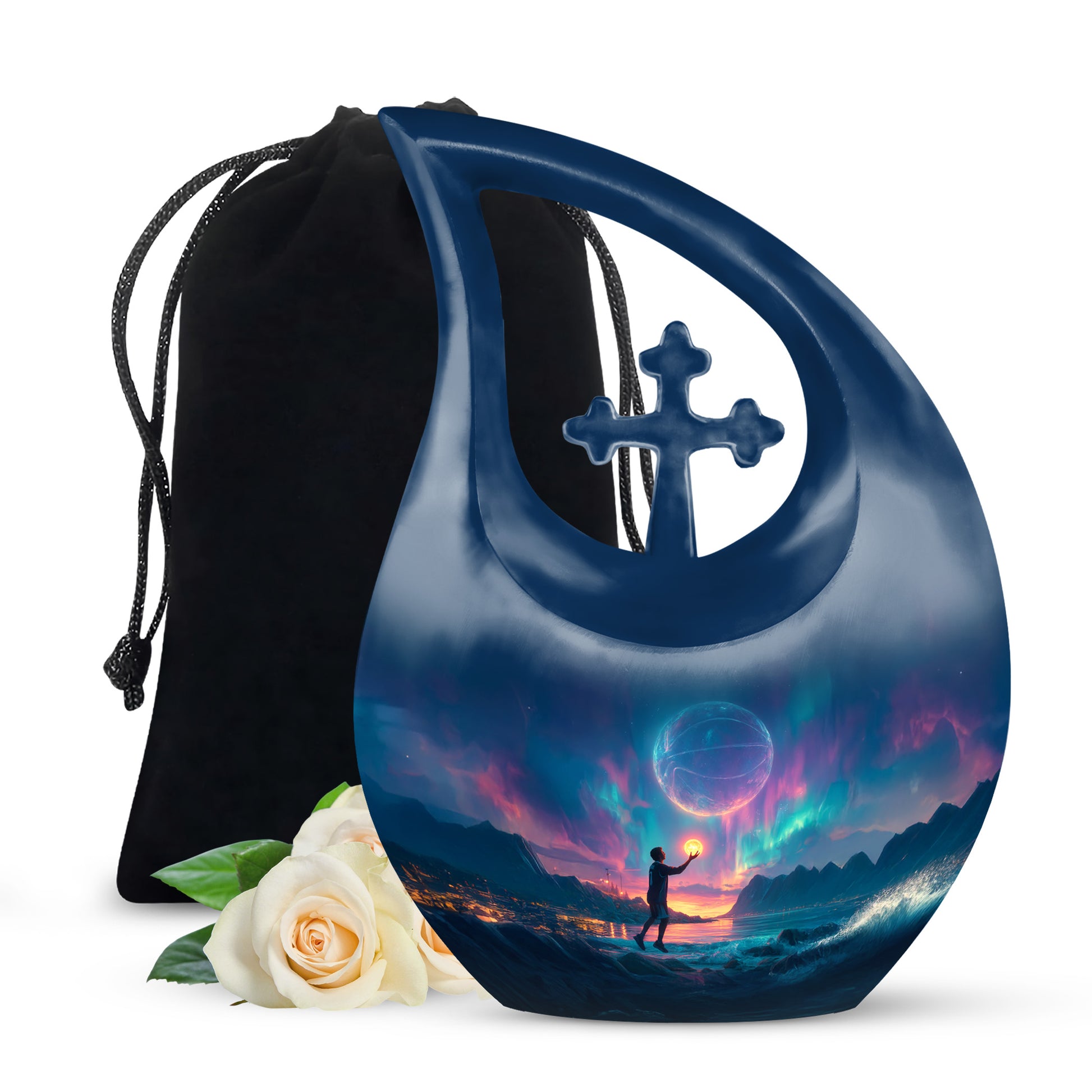 Cobalt Blue Basketball Cremation Urn top-down view of secure threaded lid - faith-inspired cross-drop urn with basketball pattern - full-size 10 inch 200 cubic inch adult cremation urn
