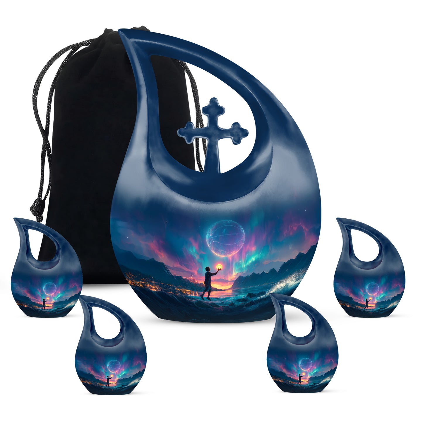 Steel Blue Basketball Cremation Urn urn with complimentary velvet bag - devotional cross-drop basketball engraving - memorial set with one large and four small urns
