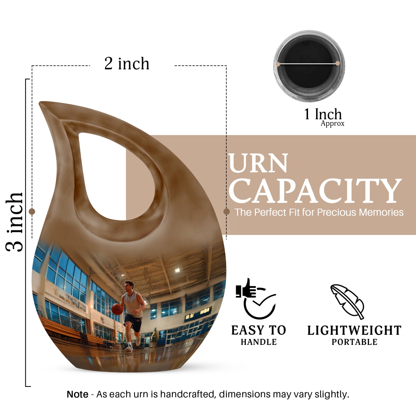Burnished Gold Basketball Cremation Urn back view with polished surface - devotional cross-drop basketball engraving - mini keepsake memorial for portion of cremation ashes