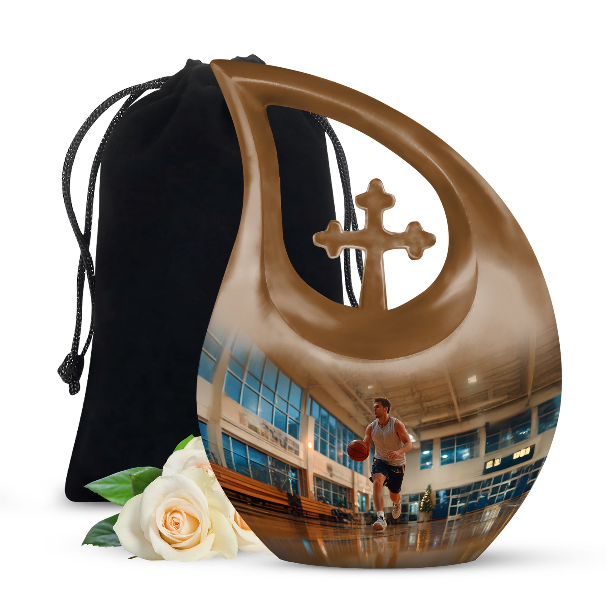 Gilded Gold Basketball Cremation Urn top-down view of secure threaded lid - sacred cross merged with basketball motif on metal - full-size 10 inch 200 cubic inch adult cremation urn