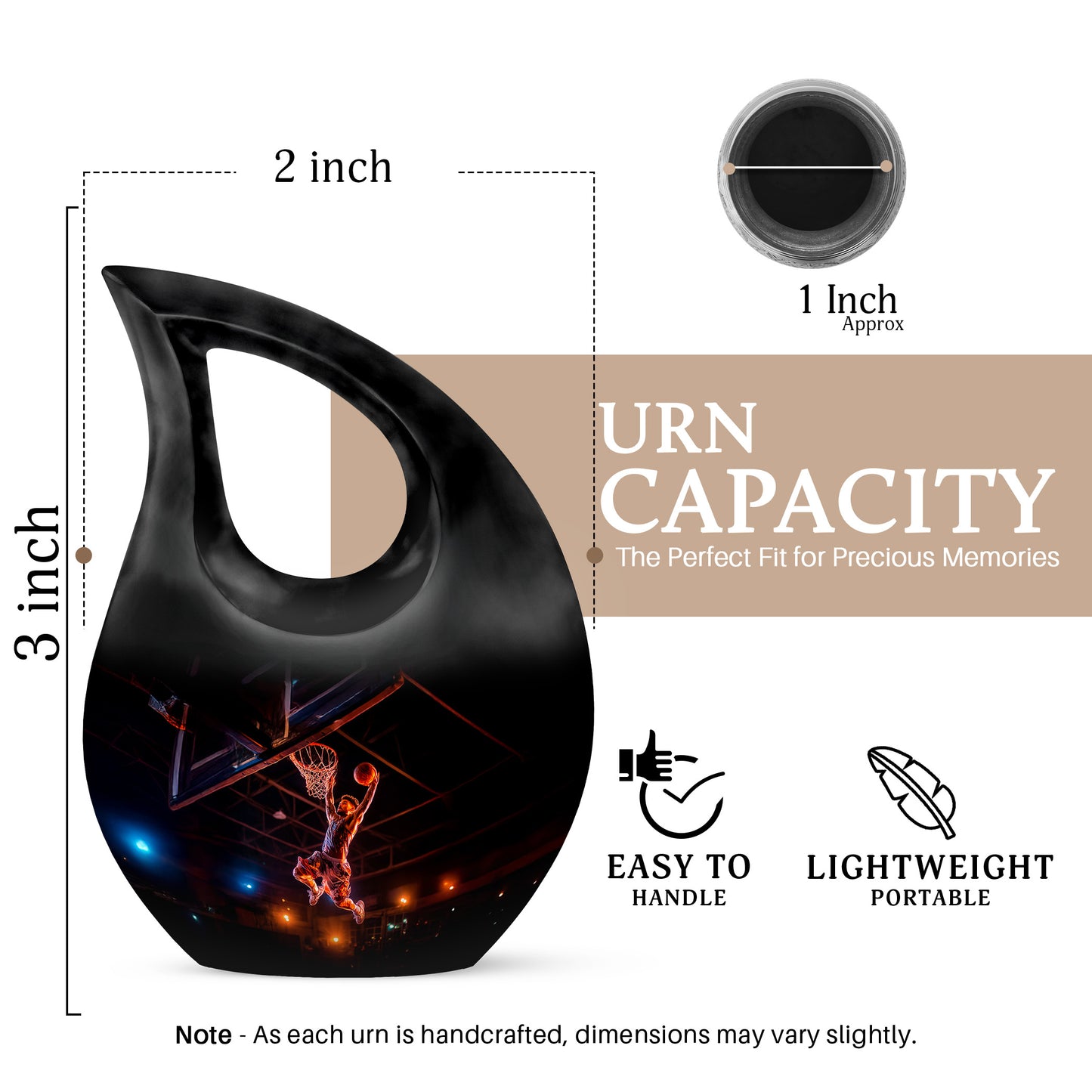 Jet Black Basketball Cremation Urn back view with polished surface - sacred cross merged with basketball motif on metal - mini keepsake memorial for portion of cremation ashes