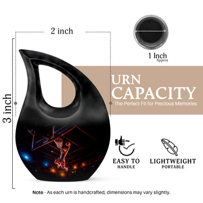 Jet Black Basketball Cremation Urn back view with polished surface - sacred cross merged with basketball motif on metal - mini keepsake memorial for portion of cremation ashes