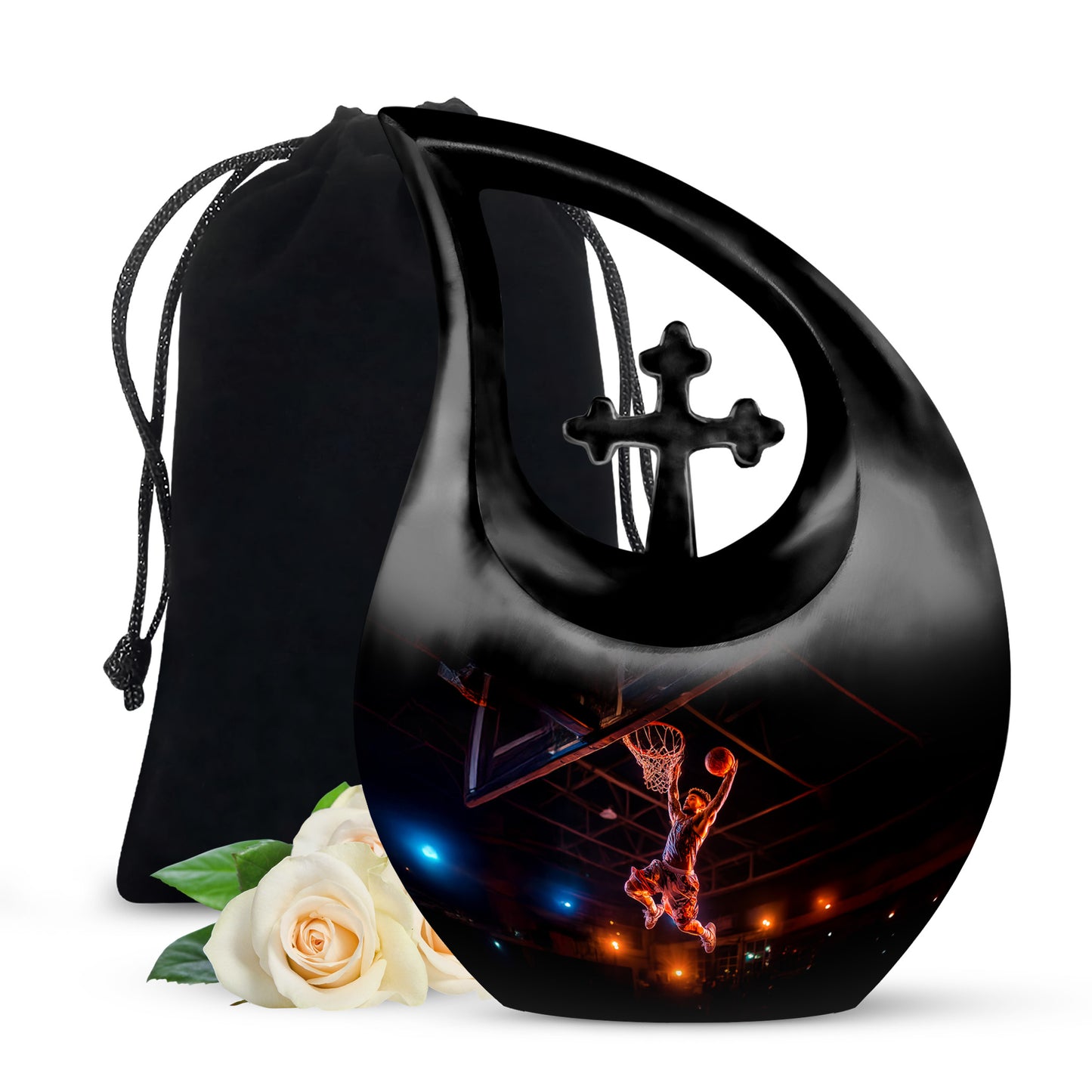 Onyx Black Basketball Cremation Urn top-down view of secure threaded lid - devotional cross-drop basketball engraving - full-size 10 inch 200 cubic inch adult cremation urn