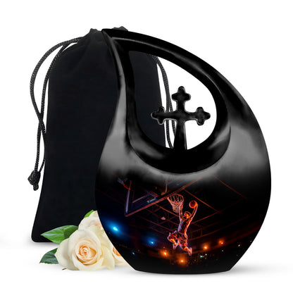 Onyx Black Basketball Cremation Urn top-down view of secure threaded lid - devotional cross-drop basketball engraving - full-size 10 inch 200 cubic inch adult cremation urn