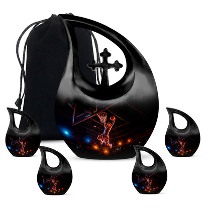Charcoal Black Basketball Cremation Urn urn with complimentary velvet bag - faith-inspired cross-drop urn with basketball pattern - memorial set with one large and four small urns