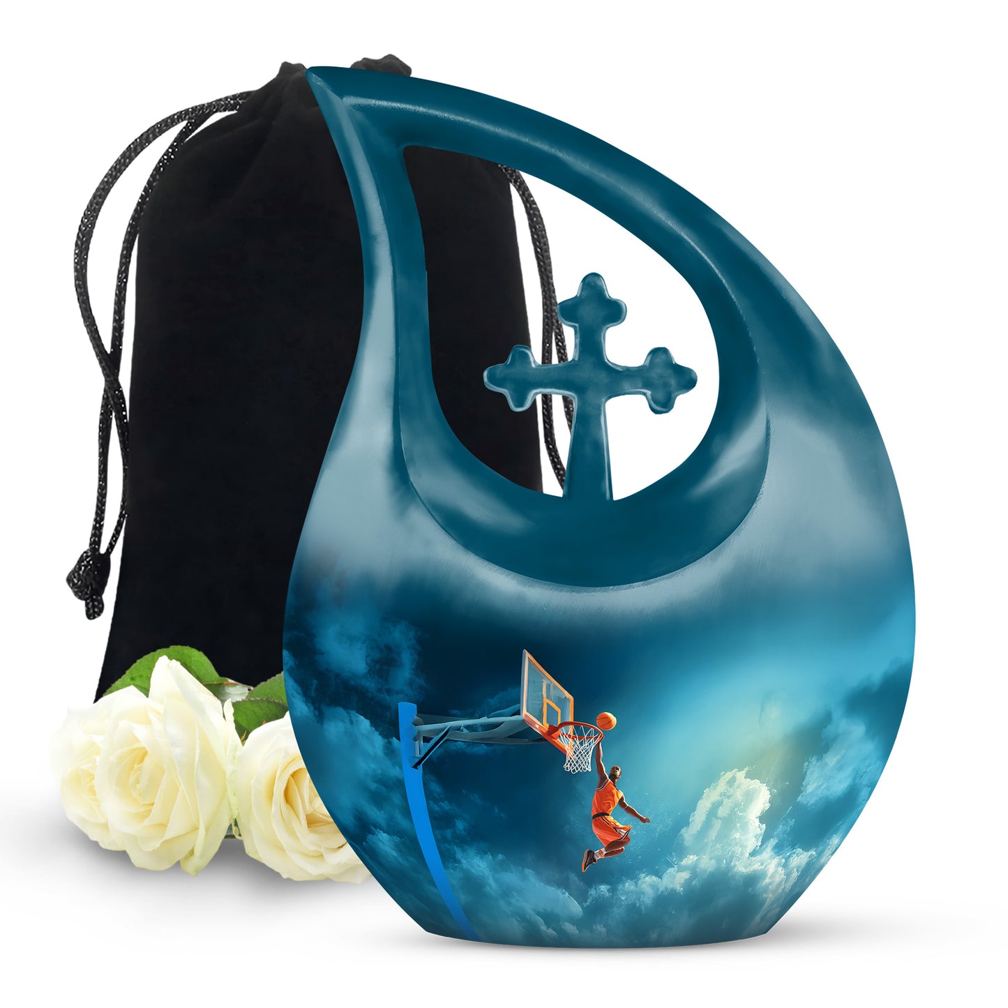 Vivid Blue Basketball Cremation Urn top-down view of secure threaded lid - devotional cross-drop basketball engraving - full-size 10 inch 200 cubic inch adult cremation urn