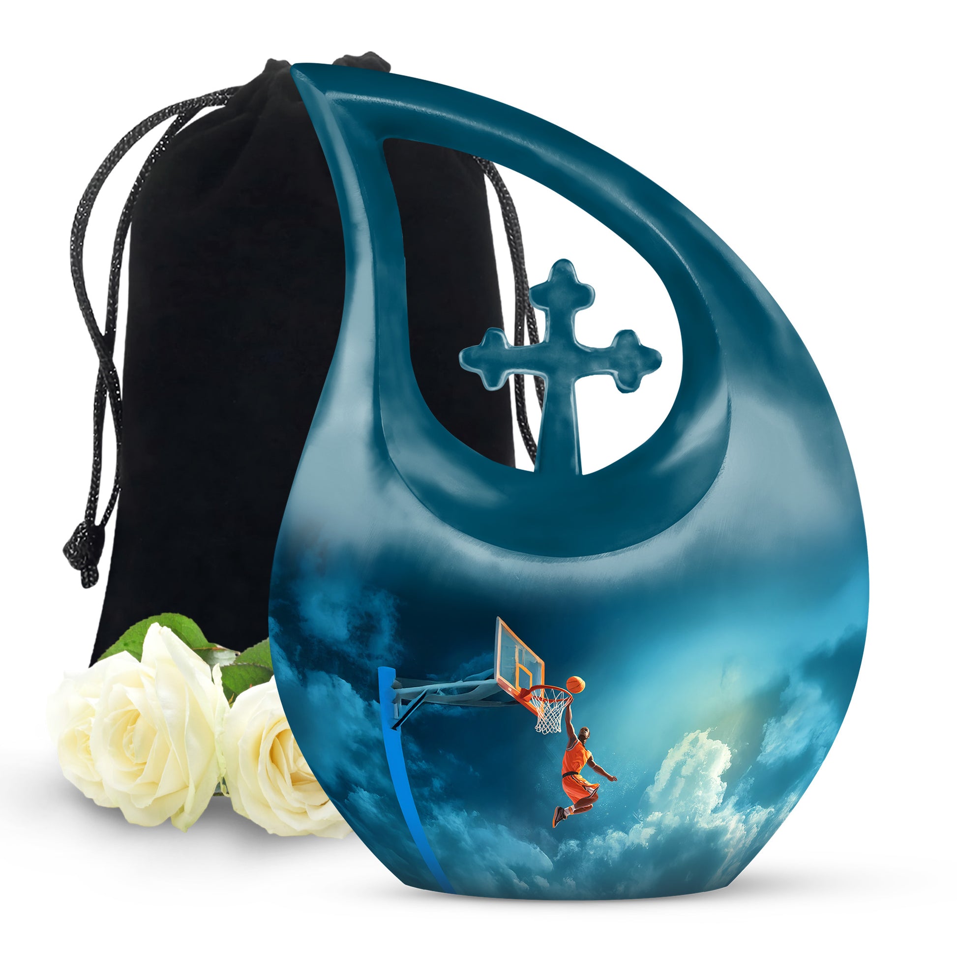 Vivid Blue Basketball Cremation Urn top-down view of secure threaded lid - devotional cross-drop basketball engraving - full-size 10 inch 200 cubic inch adult cremation urn