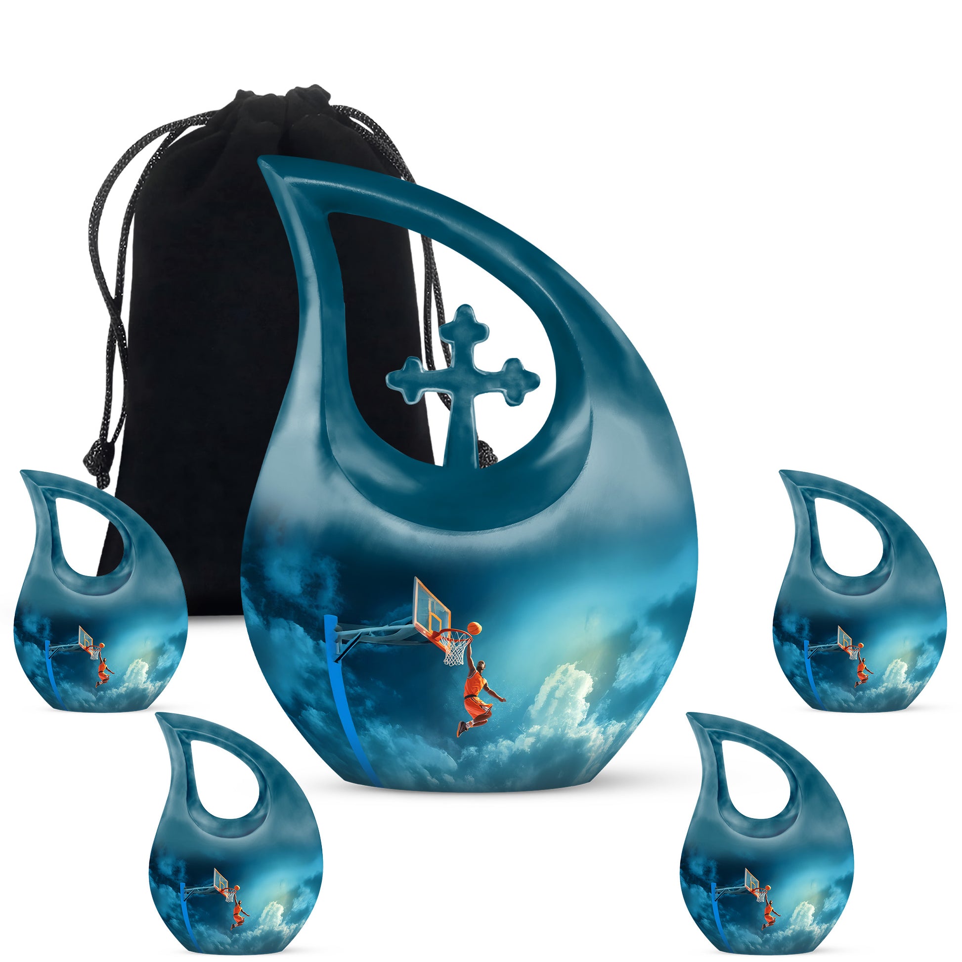 Soft Blue Basketball Cremation Urn urn with complimentary velvet bag - faith-inspired cross-drop urn with basketball pattern - memorial set with one large and four small urns