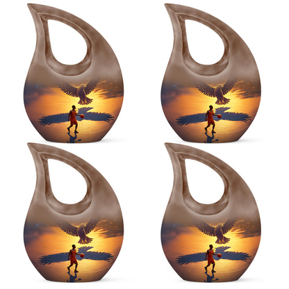 Amber Gold Basketball Cremation Urn lifestyle display on memorial shelf - cross and basketball combined in spiritual memorial design - 10 inch aluminum urn for cremated remains