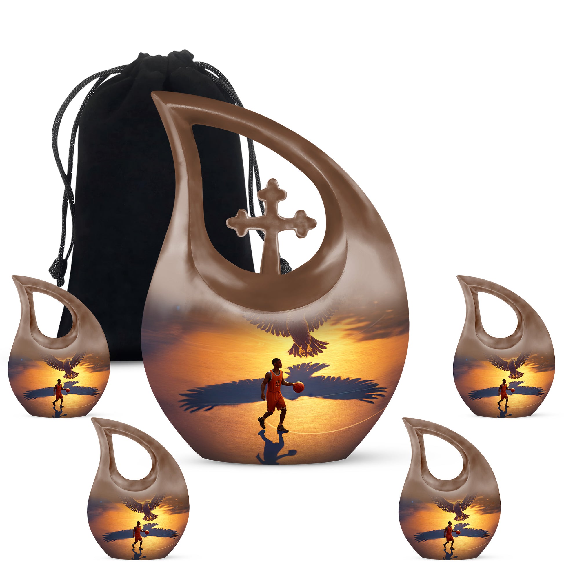 Royal Gold Basketball Cremation Urn urn with complimentary velvet bag - devotional cross-drop basketball engraving - memorial set with one large and four small urns