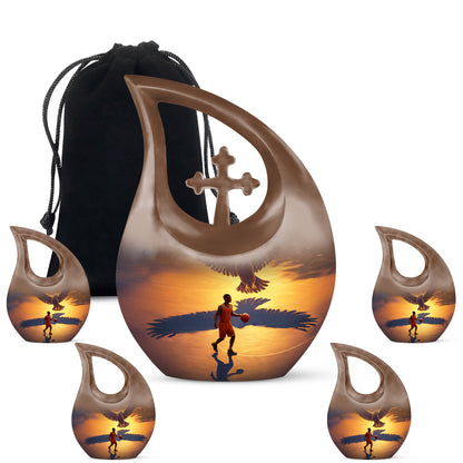 Royal Gold Basketball Cremation Urn urn with complimentary velvet bag - devotional cross-drop basketball engraving - memorial set with one large and four small urns