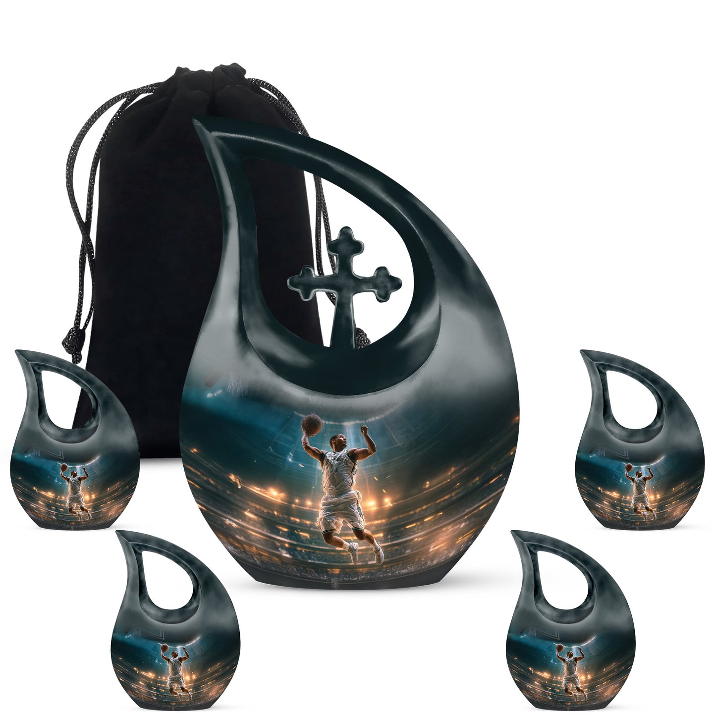 Mystic Teal Basketball Cremation Urn urn with complimentary velvet bag - devotional cross-drop basketball engraving - memorial set with one large and four small urns