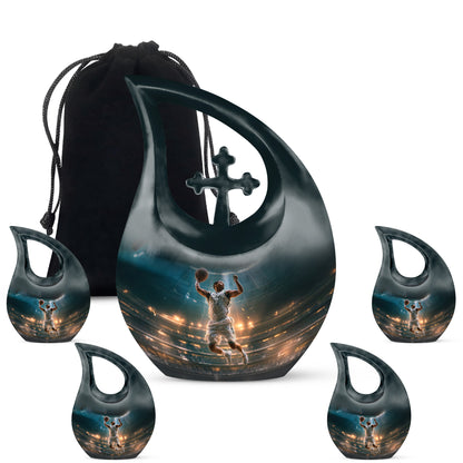 Mystic Teal Basketball Cremation Urn urn with complimentary velvet bag - devotional cross-drop basketball engraving - memorial set with one large and four small urns