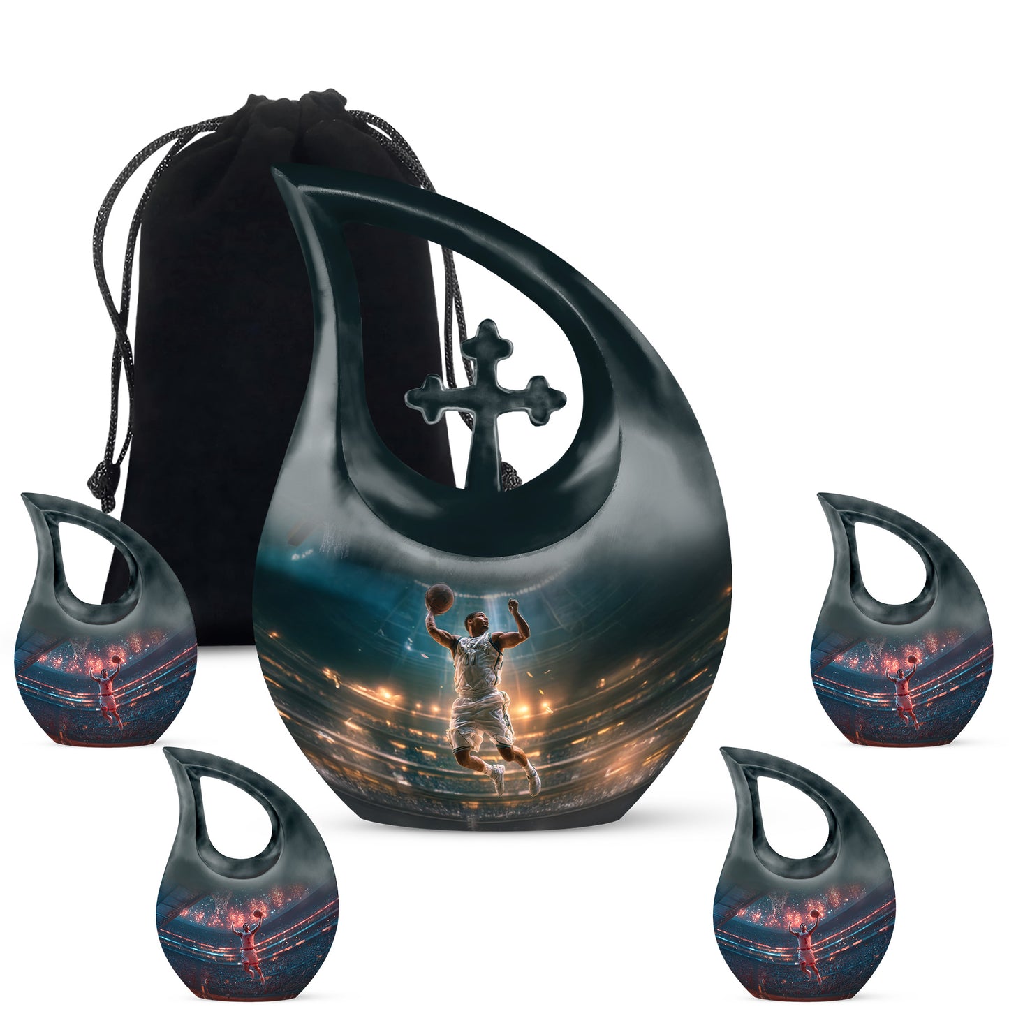 Serene Blue Basketball Cremation Urn urn with complimentary velvet bag - faith-inspired cross-drop urn with basketball pattern - memorial set with one large and four small urns