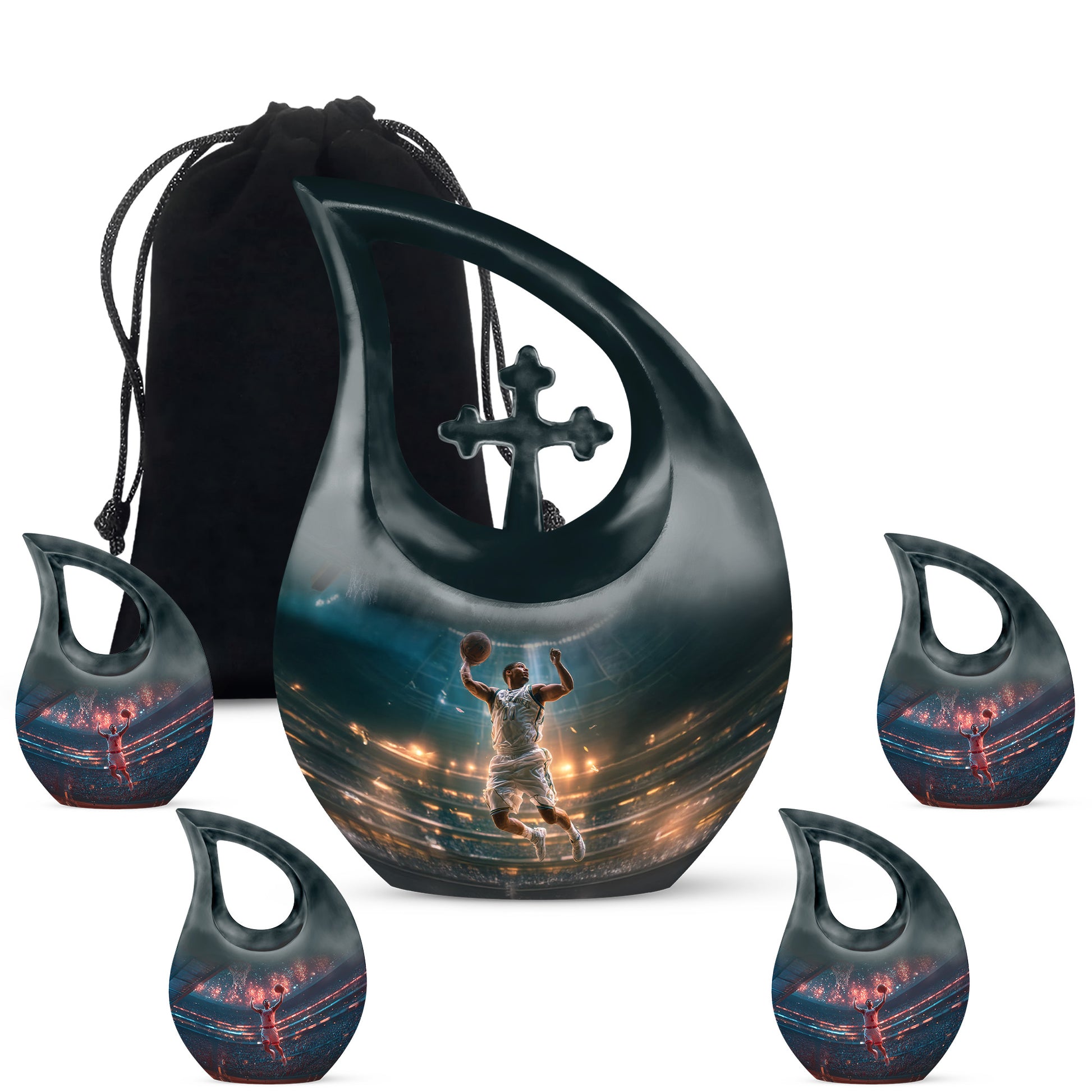 Serene Blue Basketball Cremation Urn urn with complimentary velvet bag - faith-inspired cross-drop urn with basketball pattern - memorial set with one large and four small urns