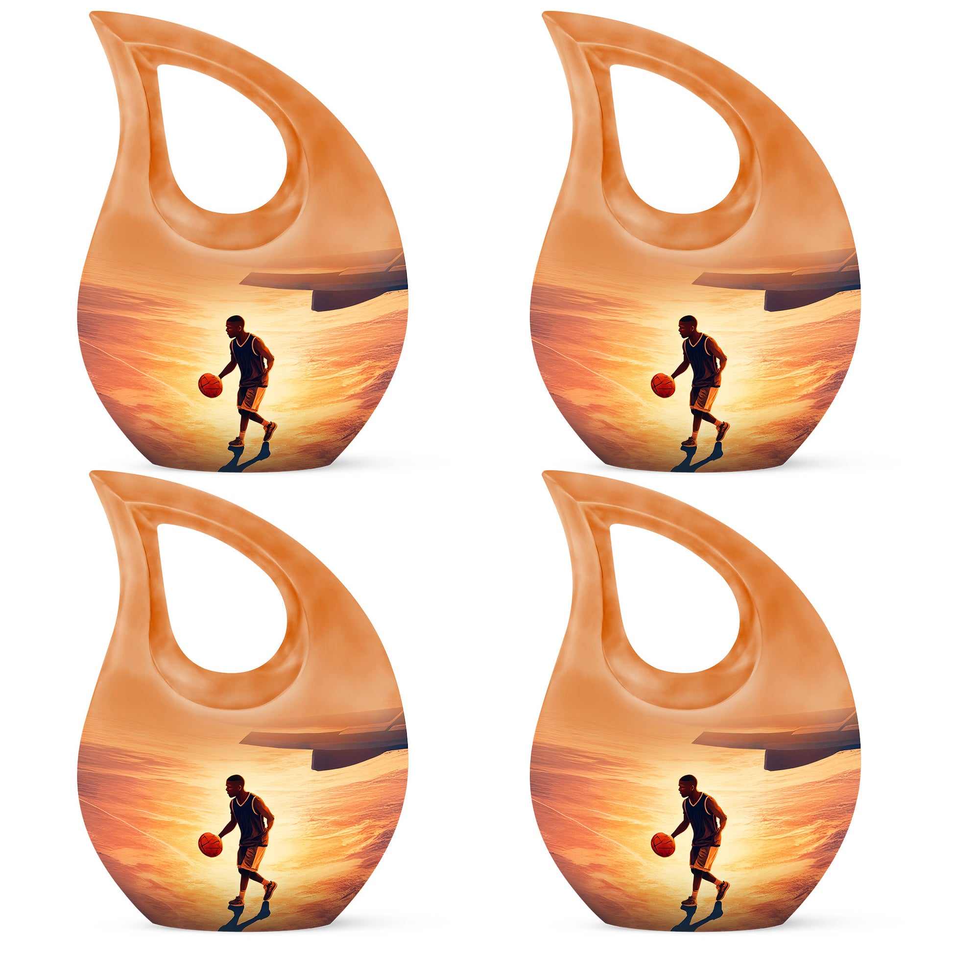 Amber Gold Basketball Cremation Urn lifestyle display on memorial shelf - cross and basketball combined in spiritual memorial design - 10 inch aluminum urn for cremated remains
