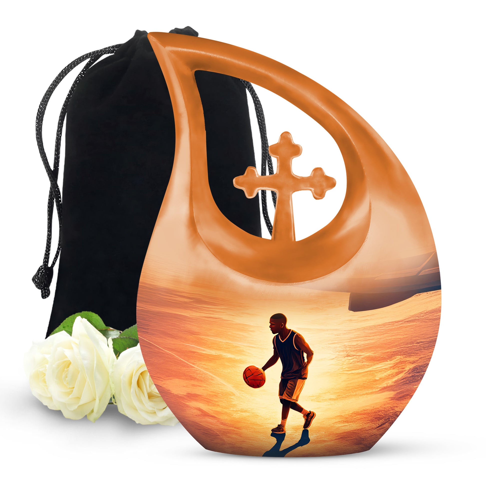 Royal Gold Basketball Cremation Urn top-down view of secure threaded lid - faith-inspired cross-drop urn with basketball pattern - full-size 10 inch 200 cubic inch adult cremation urn