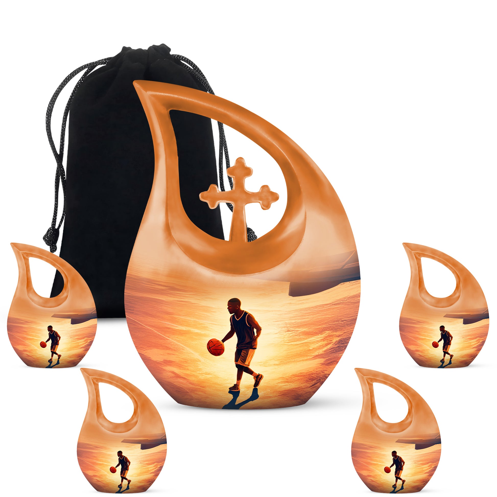 Sunrise Gold Basketball Cremation Urn urn with complimentary velvet bag - sacred cross merged with basketball motif on metal - memorial set with one large and four small urns