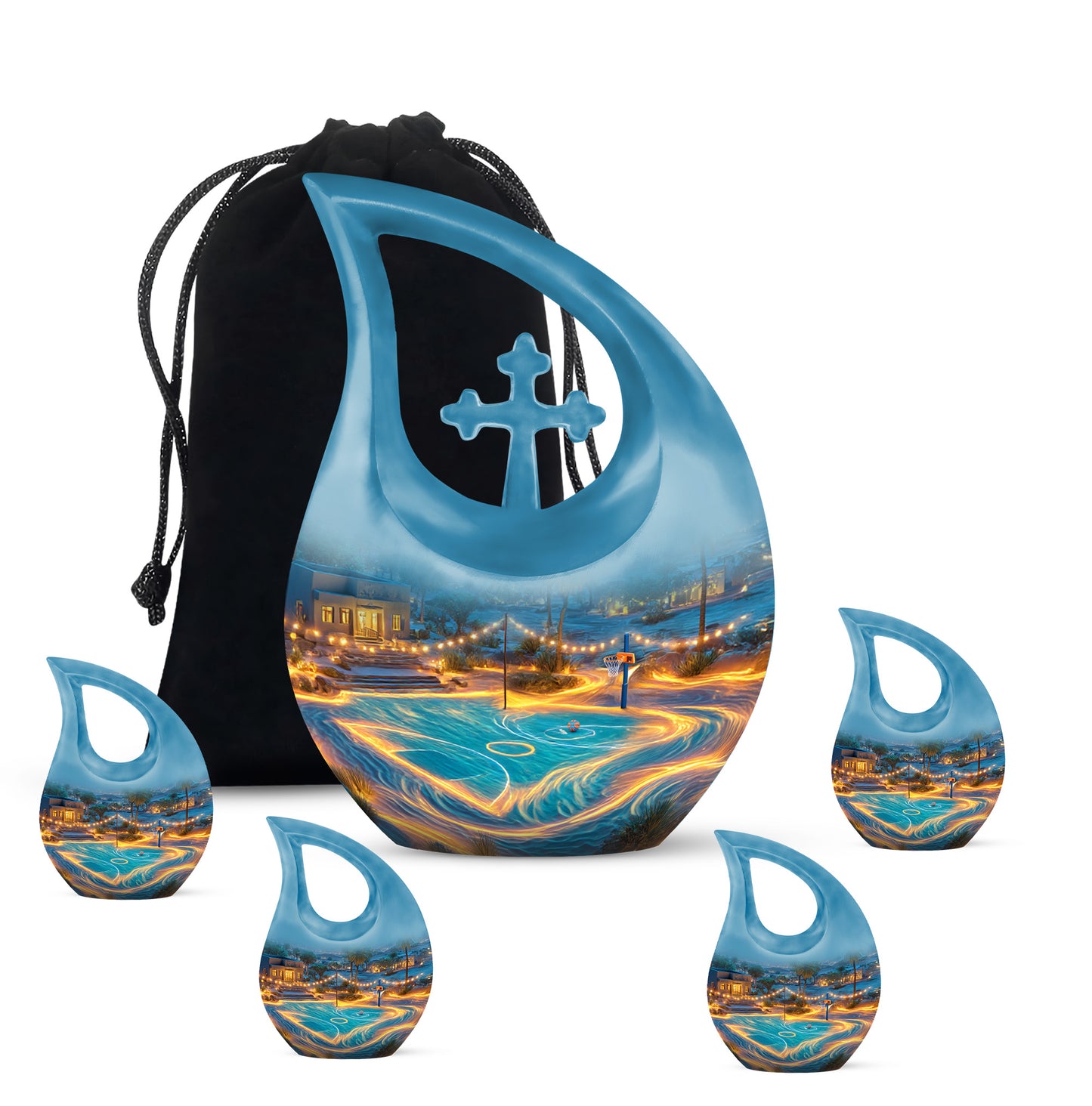 Dusty Blue Basketball Cremation Urn urn with complimentary velvet bag - cross and basketball combined in spiritual memorial design - memorial set with one large and four small urns