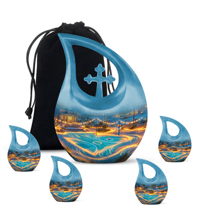 Dusty Blue Basketball Cremation Urn urn with complimentary velvet bag - cross and basketball combined in spiritual memorial design - memorial set with one large and four small urns