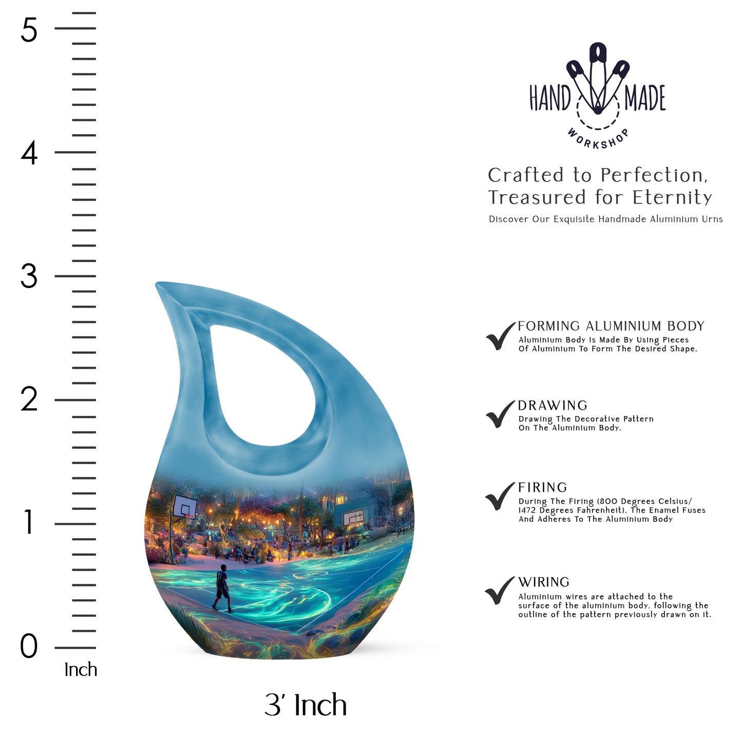 Royal Blue Basketball Cremation Urn back view with polished surface - faith-inspired cross-drop urn with basketball pattern - mini keepsake memorial for portion of cremation ashes