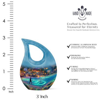 Royal Blue Basketball Cremation Urn back view with polished surface - faith-inspired cross-drop urn with basketball pattern - mini keepsake memorial for portion of cremation ashes
