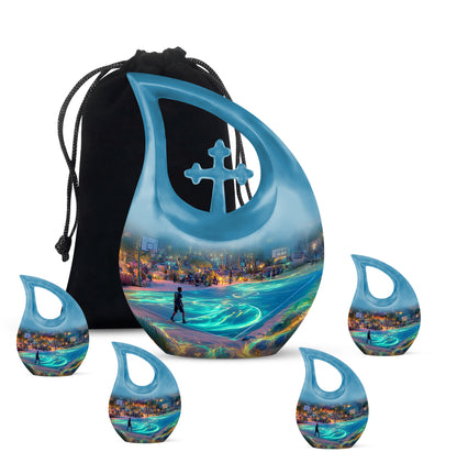 Twilight Blue Basketball Cremation Urn urn with complimentary velvet bag - devotional cross-drop basketball engraving - memorial set with one large and four small urns