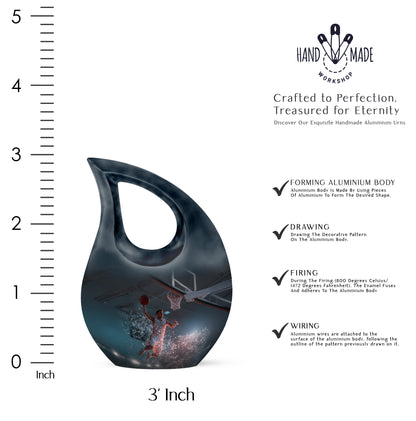 Midnight Black Basketball Cremation Urn back view with polished surface - devotional cross-drop basketball engraving - mini keepsake memorial for portion of cremation ashes
